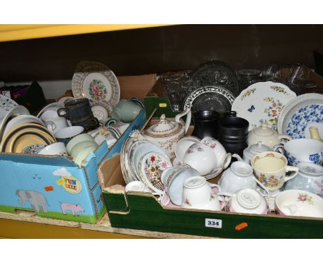 THREE BOXES OF CERAMICS AND GLASS WARES, to include a Furnivals Quail teapot, Woods Beryl utility tea wares, a Simpsons Solia