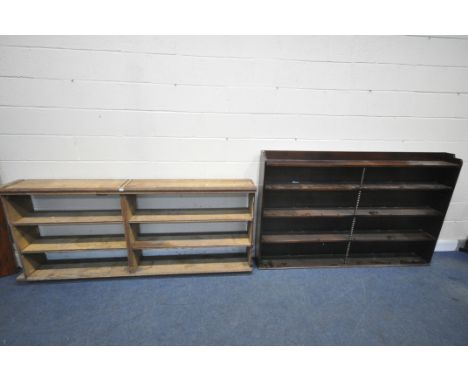 A PINE FOUR TIER OPEN BOOKCASE, length 212cm x depth 30cm x height 92cm, along with a mahogany five tier open bookcase, with 