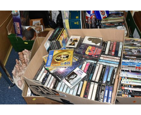 FIVE BOXES AND LOOSE DVDS, CASSETTE TAPES, GAMES, PICTURES AND SUNDRY ITEMS, to include approximately eighty DVDs, including 