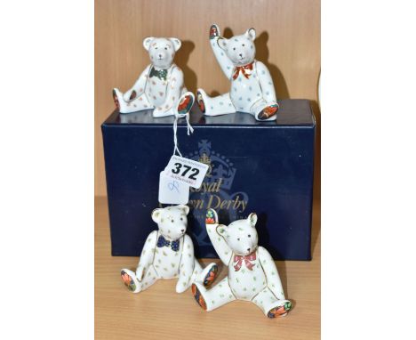 TWO PAIRS OF ROYAL CROWN DERBY MINIATURE TEDDY BEARS 'JAMES AND EMMA', one pair is boxed, produced for Royal Doulton Retail D