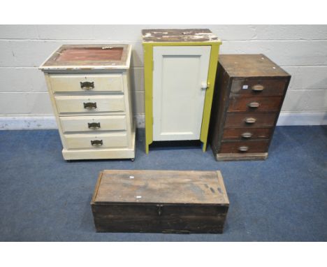 &nbsp;A STAINED PINE CHEST OF FIVE DRAWERS, width 43cm x depth 54cm x height 74cm, a painted panel single door cupboard, 54cm