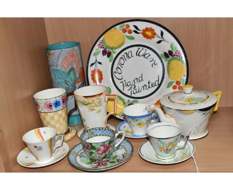 FIFTEEN PIECES OF S HANCOCK &amp; SONS CERAMICS, comprising a Corona Ware teapot in Springtime pattern by Edith Gater, an adv