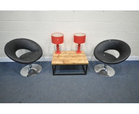 A SELECTION OF OCCASIONAL FURNITURE, to include two leatherette swivel tub chairs, a modern pine industrial coffee table, len