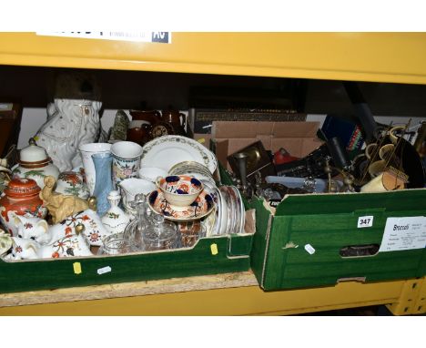 FOUR BOXES AND LOOSE CERAMICS, to include a large pair of Staffordshire style spaniels, a pair of Imari style cats, a Capodim