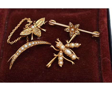 THREE EARLY 20TH CENTURY BROOCHES, the first a double brooch comprises of a bee and crescent, set with seed pearls and red pa