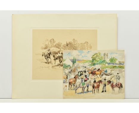 JEANNE-MARIE BARBEY (FRENCH 1882-1960) HORSE RACING AT LONGCHAMP, a study of three horses racing, signed lower left, pencil a