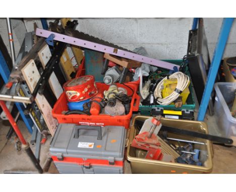 SIX BOXES CONTAINING TOOLS AND WORKSHOP CONSUMABLES including a vintage pull saw, a bar clamp, pop rivetters and rivets, self
