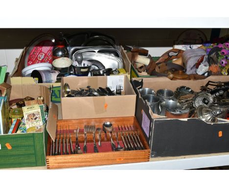 FIVE BOXES AND LOOSE METAL WARES AND SUNDRY ITEMS, to include vintage advertising tins and other packaging, including Huntley