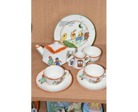 A GROUP OF S HANCOCK & SONS 'CORONA WARE' NURSERY WARES, comprising a seven piece Jack and Jill tea set with unusual teapot i