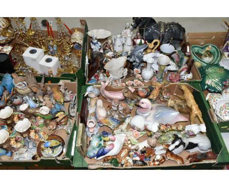 FIVE BOXES OF CERAMICS AND OTHER ORNAMENTS, to include Hornsea Fauna vases, a Royal Adderley Blue Tit and Young (sd), an Ital