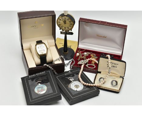 A BOX OF ASSORTED ITEMS, to include a boxed pair of 'Wedgwood cufflinks by Stratton', two boxed novelty pocket watches, a nov