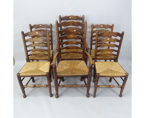 A set of 6 oak and ash rush-seated ladder-back dining chairs (4 + 2) 
