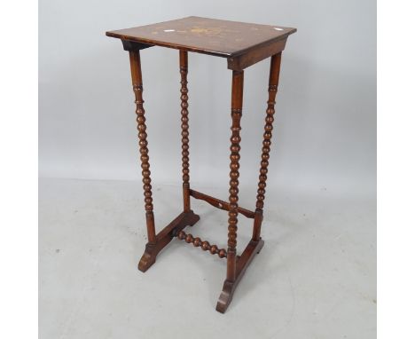 A Dutch marquetery decorated mahogany side table, on bobbin turned legs, 30cm x 70cm x 31cm 