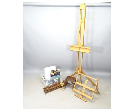 A Winsor & Newton's floor standing artist's easel, 3 table-top easels, an artist's lay figure, various acrylic and oil paints