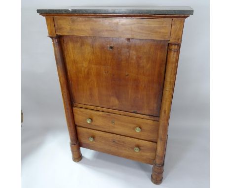 A French walnut marble-top escritoire, the fall-front revealing a fitted interior with 2 long drawers below, W98cm, H144cm, D
