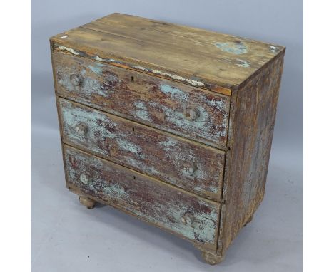 An Antique distressed pine chest of 3 drawers, on bun feet, 80cm x 85cm x 42cm 