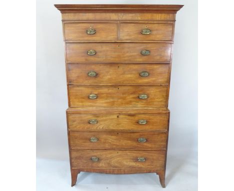 A 19th century mahogany 2-section chest on chest, 2 short and 6 long drawers, 107cm x 190cm x 50cm 