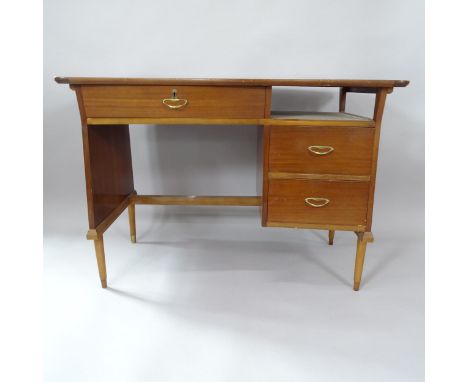 A mid-century teak concave desk, with embossed leather skiver and 3 fitted drawers, 105cm x 73cm x 60cm 