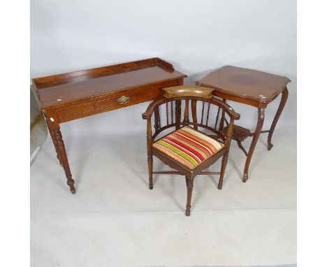 A reproduction mahogany writing table, 106cm x 80cm x 45cm, a reproduction mahogany 2-tier occasional table, an Antique mahog