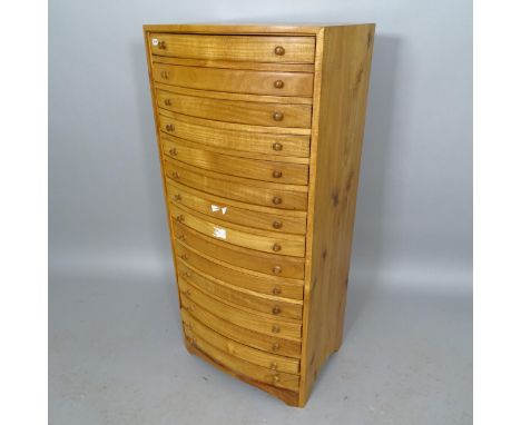 A modern mahogany bow-front collector's chest of 15 drawers, 46cm x 98cm x 35cm 