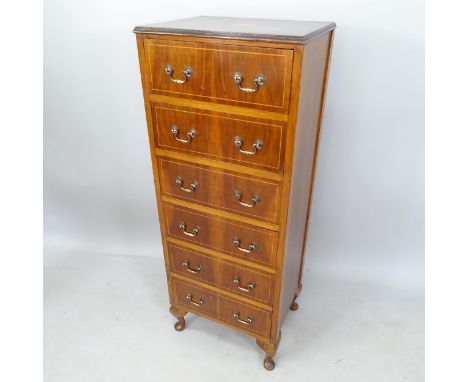 An Edwardian mahogany and satinwood-strung narrow chest of 6 short drawers, on cabriole legs, 57cm x 120cm x 36cm 
