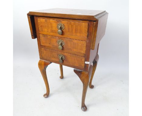 A 1920s crossbanded walnut drop leaf side stand, with 3 short drawers on cabriole legs, 38cm x 67cm x 30cm 
