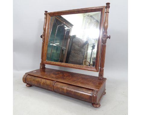 A Regency flame veneered mahogany toilet mirror, with 2 barrel turned short drawers, on bun feet, 66cm x 71cm x 27cm 