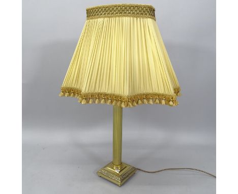 A brass Corinthian column table lamp with shade, height to bayonet fitting 65cm, GWO 