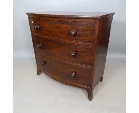 A Victorian mahogany and crossbanded bow-front chest of 3 drawers, 96cm x 86cm x 48cm 