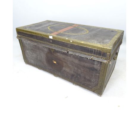 A brass-bound and leather-covered camphor wood trunk, 108cm x 48cm x 54cm, and a bamboo-effect miniature chair (A/F) (2) 