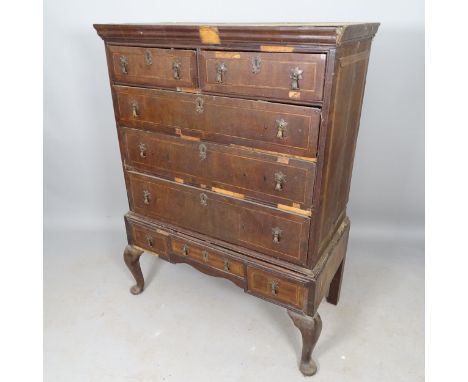 An 18th century mahogany and satinwood-strung 2-section chest on stand, the top section having 2 short and 3 long drawers, an