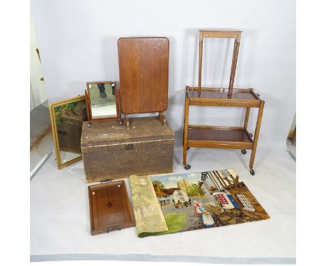 An early 20th century oak 2-tier folding drinks trolley, 68cm x 77cm x 45cm, a Vintage trunk, wall mirror etc (10) 