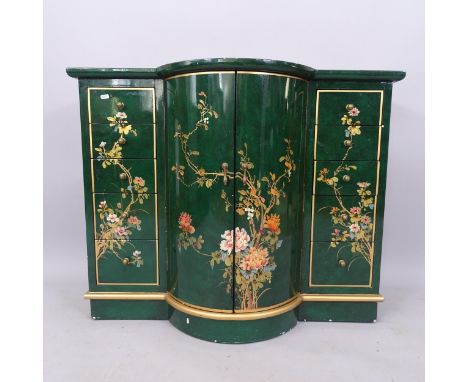 A Chinese design green lacquered bow-front cabinet, fitted with short drawers and cupboard doors, 102cm x 82cm x 40cm 