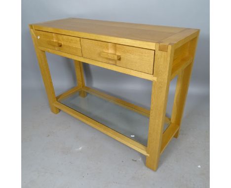 A contemporary John Lewis light oak 2-tier side table, with 2 fitted drawers, 110cm x 80cm x 40cm 