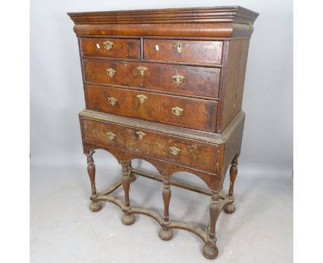 An 18th century mahogany 2-section chest on stand, top section having 2 short and 2 long drawers, base having 1 long drawer, 