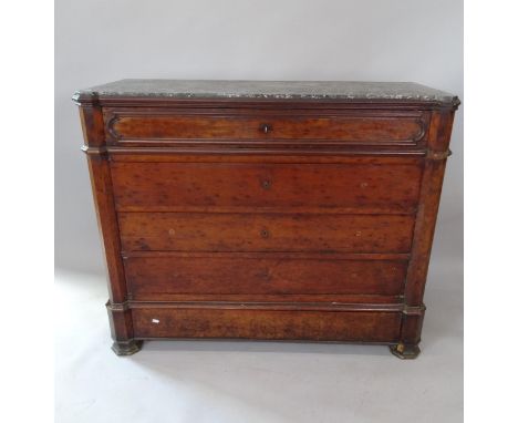 A 19th century walnut chest of 5 drawers, with shaped speckled grey and white marble top, 129cm x 105cm x 55cm (with key) 