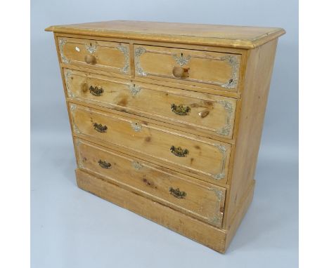 An Antique pine chest of 2 short and 3 long drawers, with applied decoration, 102cm x 96cm x 52cm 