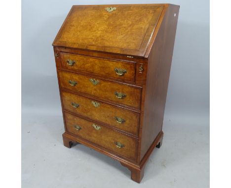 A burr-yew and walnut crossbanded bureau, with 4 graduated drawers on bracket feet, 61cm x 99cm x 43cm 