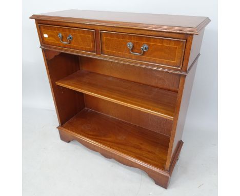 A reproduction satinwood-banded mahogany low cabinet, with 2 short drawers and shelf below, 76cm x 80cm x 28cm 