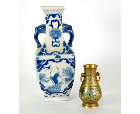 CHINESE BRASS AND CLOISONNE TWO HANDLED VASE of footed, baluster form with mask capped scroll handles to the waisted neck, de