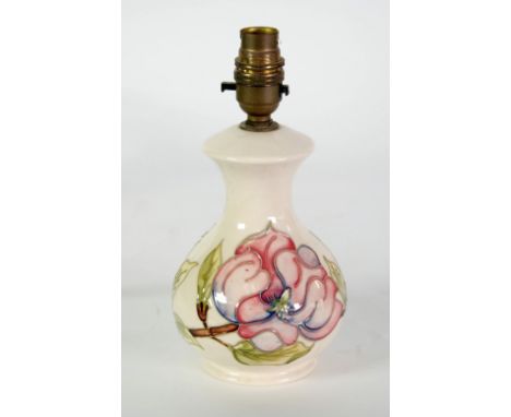 MOORCROFT 'MAGNOLIA' PATTERN TUBE LINED POTTERY TABLE LAMP, of footed baluster form, painted in tones of brown, pink and gree