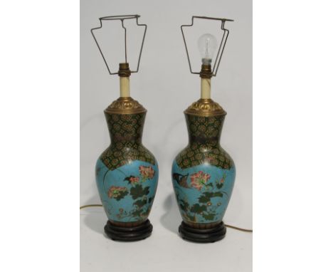 PAIR OF CHINESE CLOISONNE PRINTED POTTERY VASE SHAPED TABLE LAMPS, each decorated in colours with birds and flowering foliage