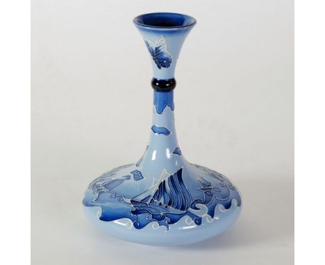 SECOND QUALITY MODERN MOORCROFT 'CENTENARY YACHT' PATTERN TUBE LINED POTTERY VASE, of compressed footed form with tall, slend