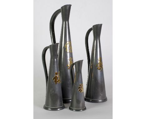 SET OF FOUR 1950's MADE IN HONG KONG  PEWTER GRADUATED JUGS, each applied with gold characters, the tallest 14 3/4" (37.5cm) 