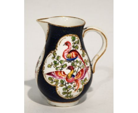 EARLY NINETEENTH CENTURY PORCELAIN SPARROW BEAK JUG, painted in colours and gilt with gilt lined panels, depicting exotic bir