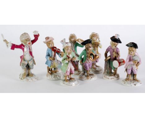 EIGHT PIECE CONTA AND BOEHME, GERMAN PORCELAIN MONKEY BAND, typically modelled on gilt scroll bases, 6" (15.2cm) high approx,