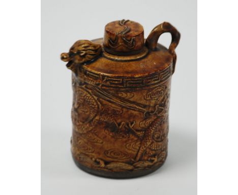 CHINESE STRAW COLOURED CRACKLE GLAZED MOULDED PORCELAIN RICE WINE POT, with cover, of cylindrical form with rustic loop handl