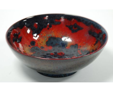 ROYAL DOULTON FLAMBE POTTERY BOWL, of steep sided, footed form, glazed in mottled blue on a red ground, 3" (7.6cm) high, 8 1/