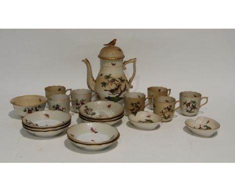 SEVENTEEN PIECE HEREND PORCELAIN PART COFFEE SERVICE, NOW SUITABLE FOR SEVEN PERSONS, painted in colours and gilt with birds 