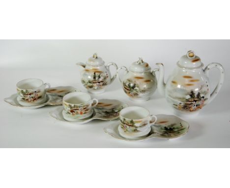 FIFTEEN PIECE JAPANESE EGG SHELL PORCELAIN TEA SERVICE FOR SIX PERSONS, COMPRISING; TEAPOT, MILK JUG, SUGAR BOWL  (all with c